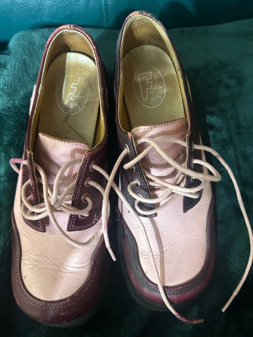 John Fluevog Pink and Burgundy Leather Lace-Up Shoes.